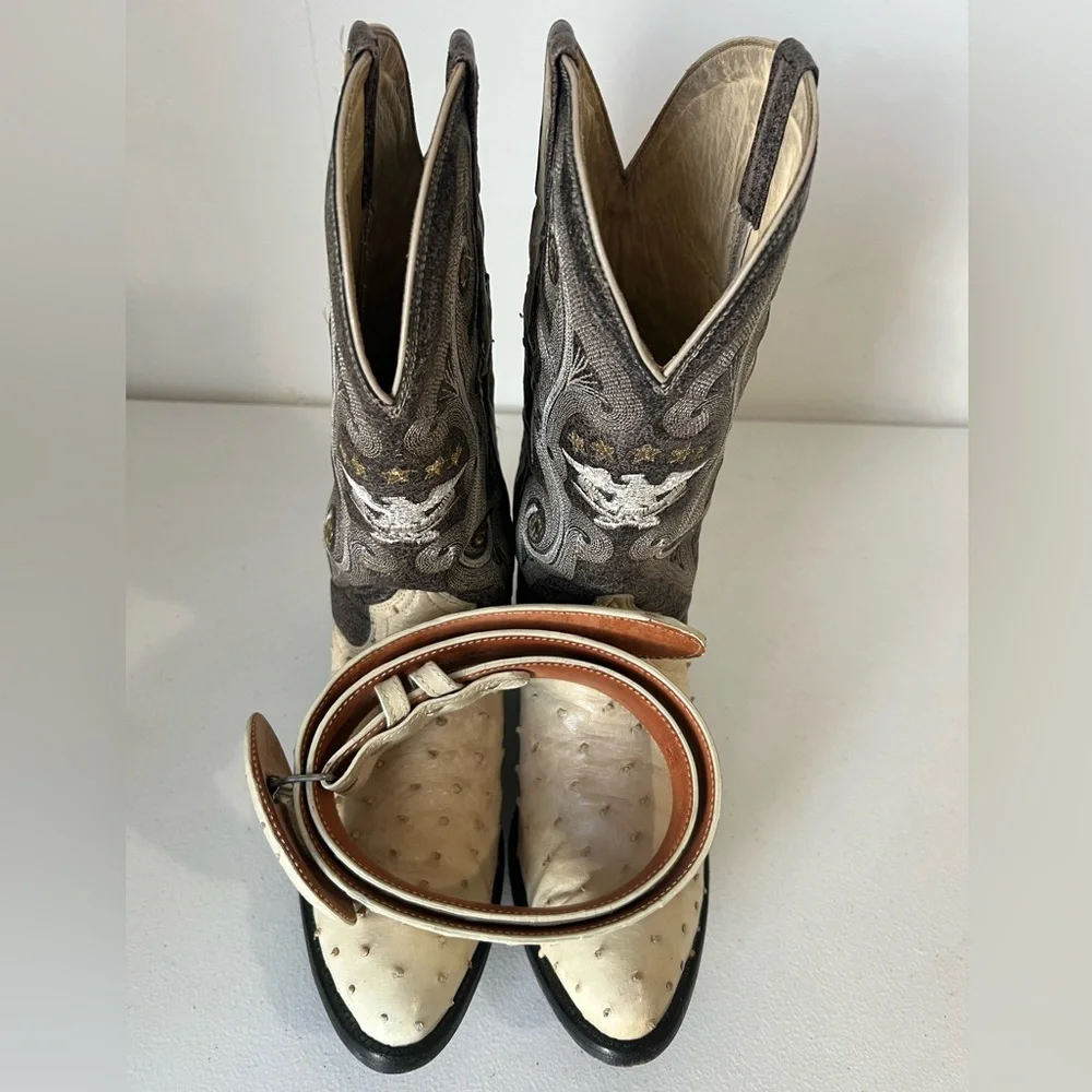 El General Genuine Ostrich Size 8.5 Boots + Matching Belt Wester Cowboy Men’s